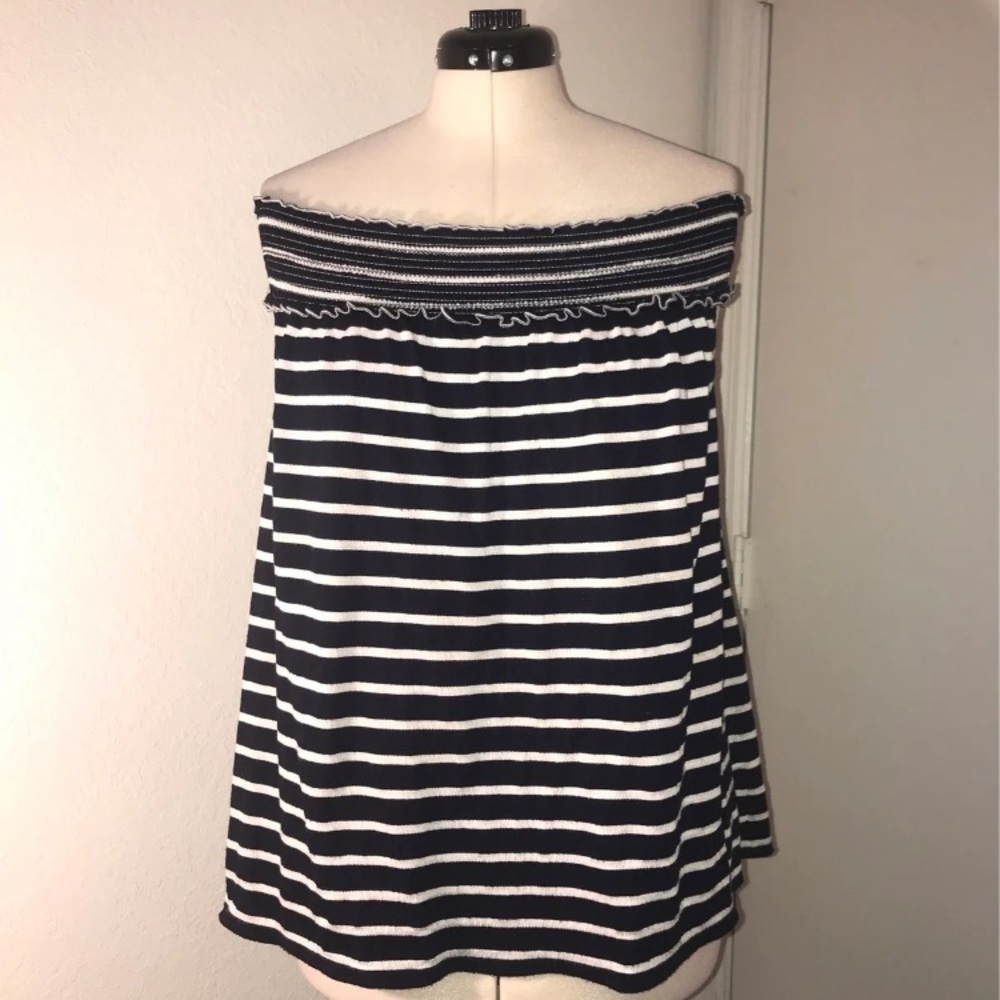Max Studio Navy and White Stripe Off Shoulder Top